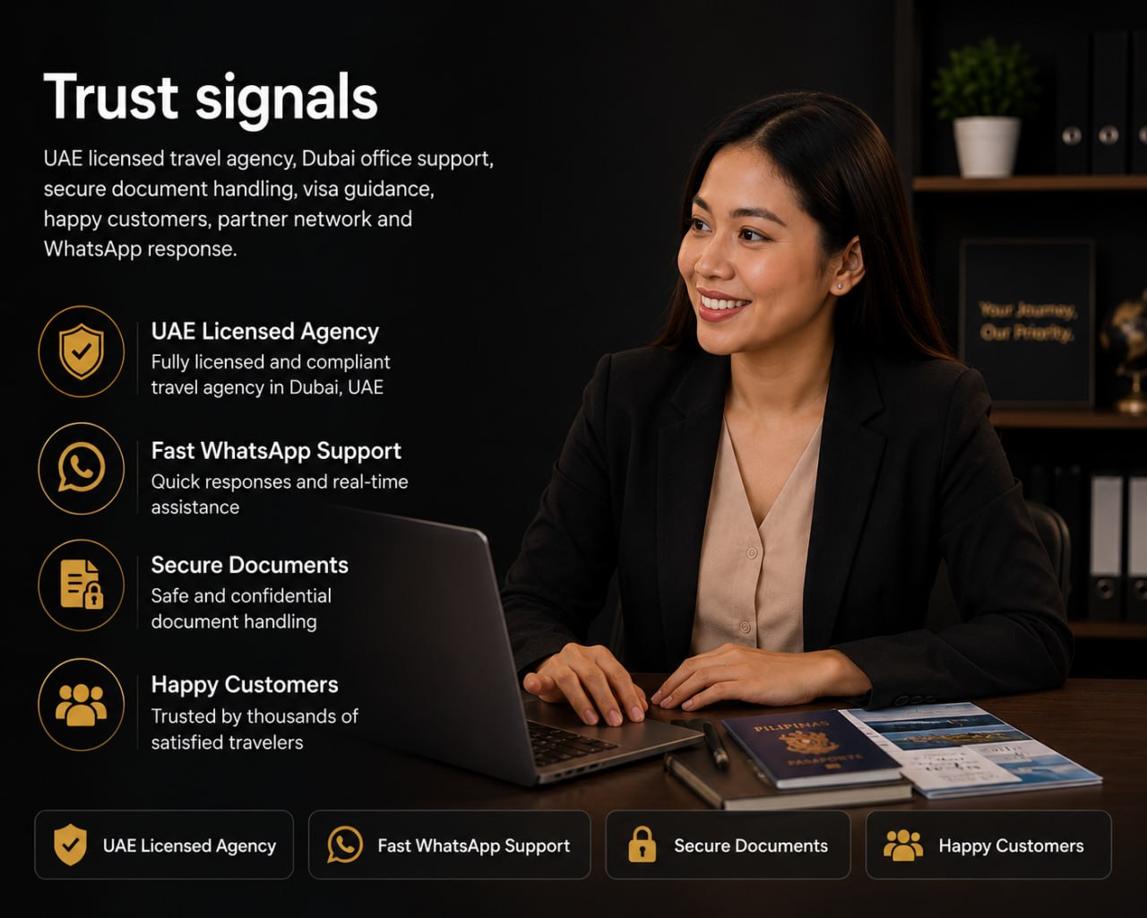 Dolmen Star Tourism trust signals with licensed agency, WhatsApp support, secure documents and happy customers