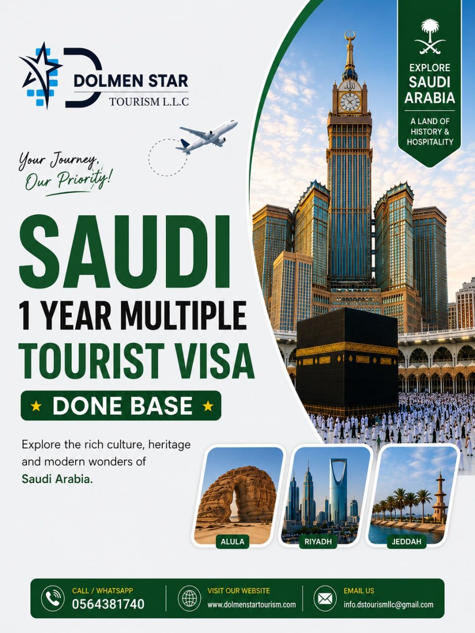 Dolmen Star Tourism Saudi one year multiple tourist visa with Makkah Riyadh AlUla and Jeddah
